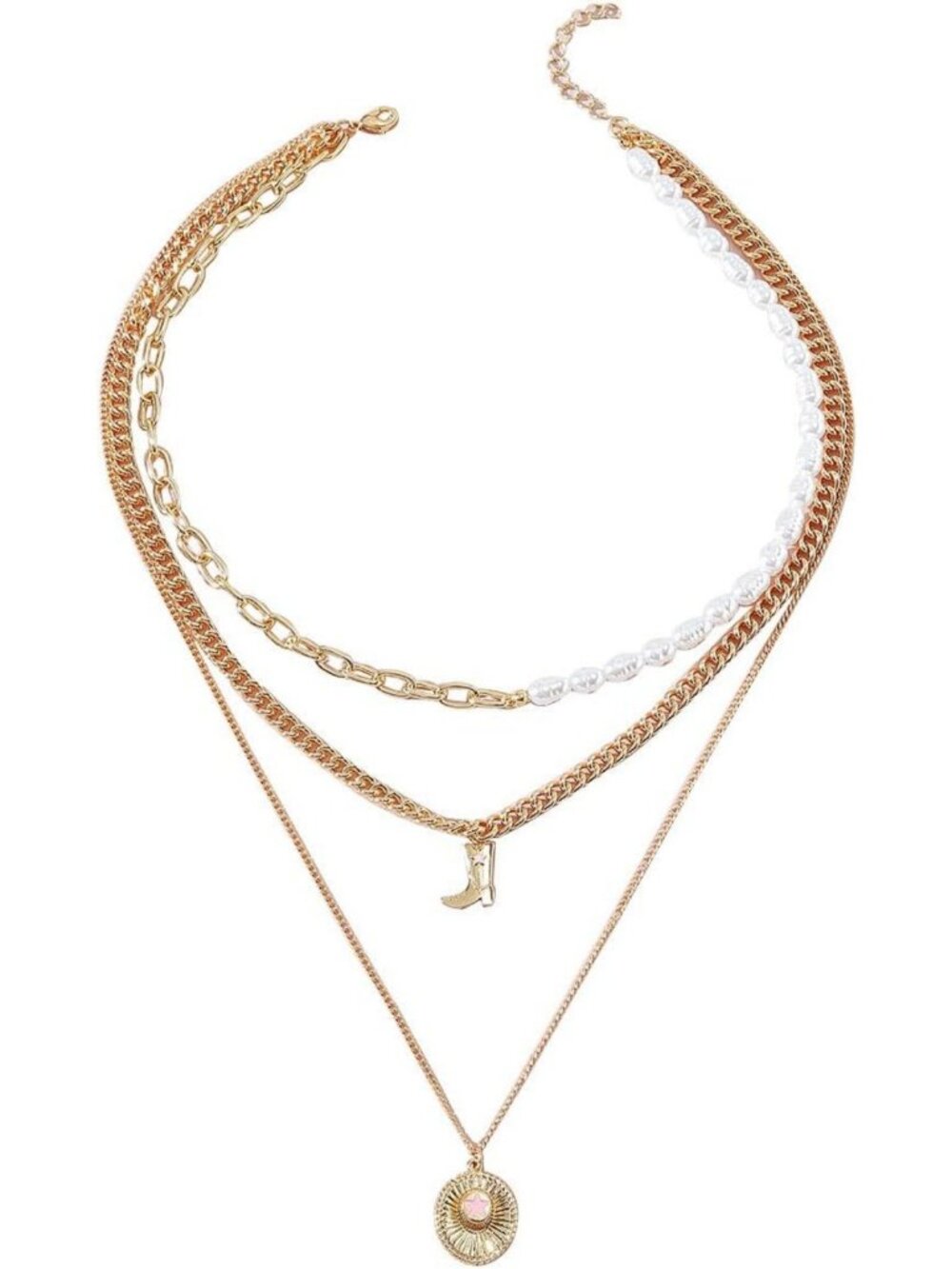 Stylish Western Jewelry: Layered Pearl Necklace & Cowboy Hat Charms for Women